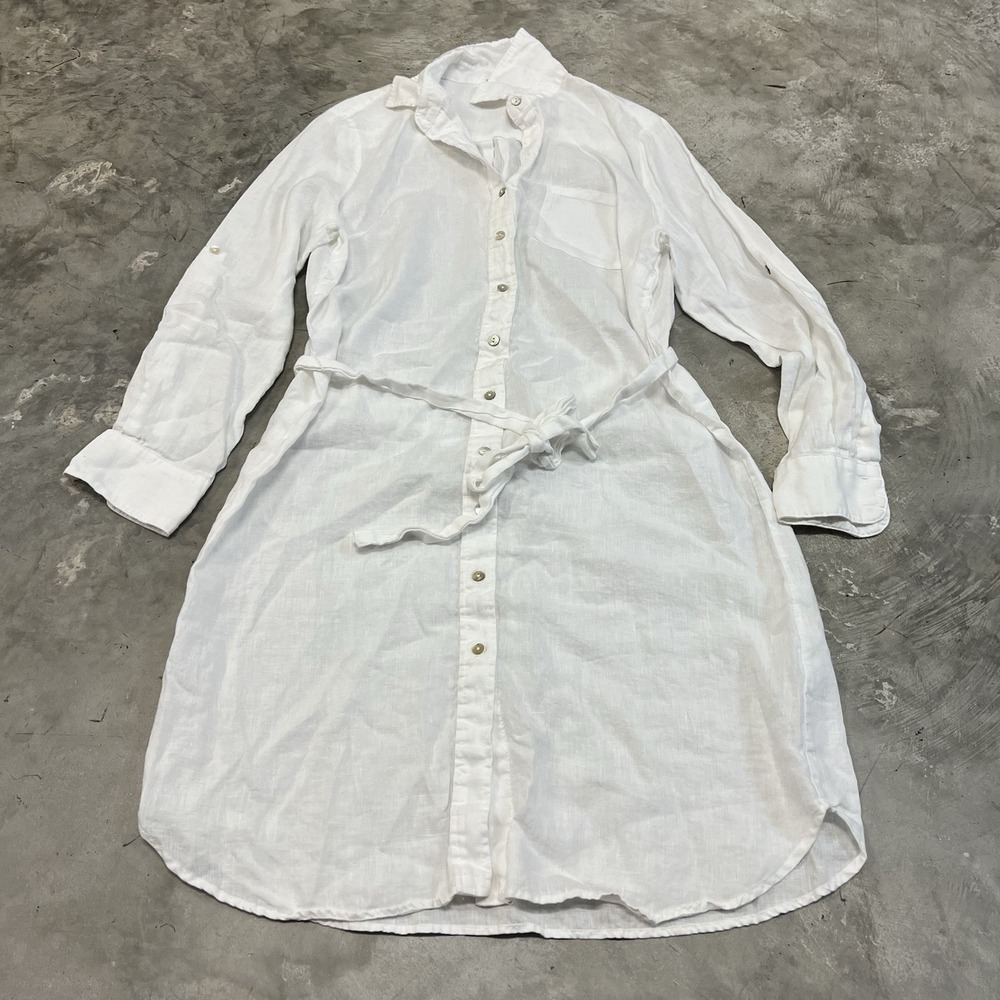 Magaschoni Linen Dress Long Sleeve Button Down Tie Waist White Summer Spring